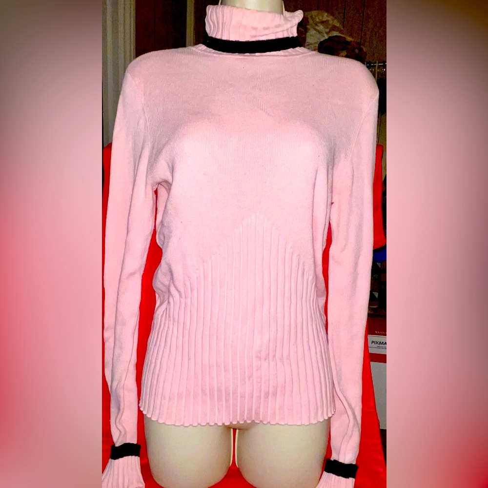 No Tag Pink Ribbed Turtleneck with Black Hemline Sweater. Measured in Desc.